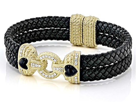 Judith Ripka Onyx, Spinel & Cubic Zirconia Black Faux Leather & 14k Gold Clad Romance Bracelet