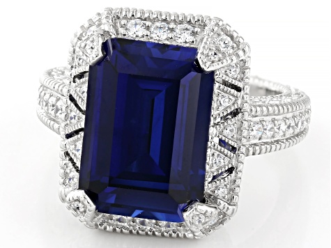 Judith Ripka Blue Lab Created Sapphire With Cubic Zirconia Rhodium Over Silver Estate Ring 8.70ctw