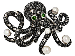 Judith Ripka Black Spinel With Multi-Gemstone Rhodium Over Silver Octavia The Octopus Brooch 8.63ctw