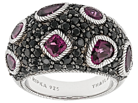 Judith Ripka Rhodolite With Black Spinel Rhodium Over Sterling Silver Aurora Ring 6.12ctw