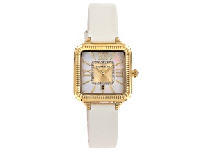 Judith Ripka Mother-Of-Pearl Gold-Tone White Saffiano Leather Strap Alexandra Watch 0.18ctw