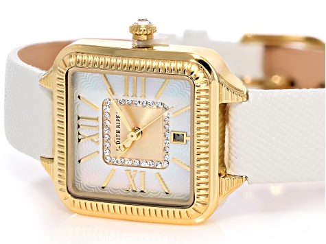 Judith Ripka Mother-Of-Pearl Gold-Tone White Saffiano Leather Strap Alexandra Watch 0.18ctw
