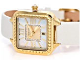 Judith Ripka Mother-Of-Pearl Gold-Tone White Saffiano Leather Strap Alexandra Watch 0.18ctw