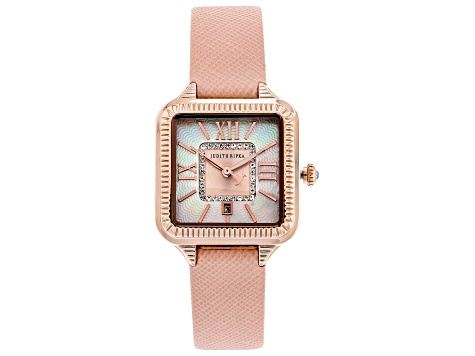 Judith Ripka Mother-Of-Pearl Rose Tone Pink Saffiano Leather Strap Alexandra Watch 0.18ctw