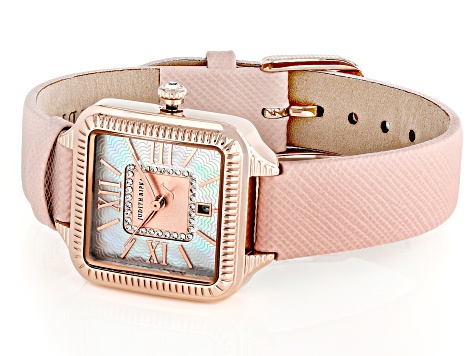 Judith Ripka Mother-Of-Pearl Rose Tone Pink Saffiano Leather Strap Alexandra Watch 0.18ctw