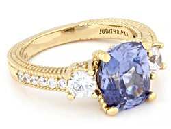 Judith Ripka Blue and White Cubic Zirconia 14k Yellow Gold Clad Princess 3-Stone Ring 6.95ctw