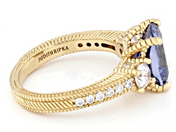 Judith Ripka Blue and White Cubic Zirconia 14k Yellow Gold Clad Princess 3-Stone Ring 6.95ctw