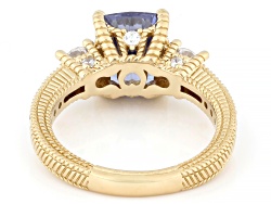 Judith Ripka Blue and White Cubic Zirconia 14k Yellow Gold Clad Princess 3-Stone Ring 6.95ctw