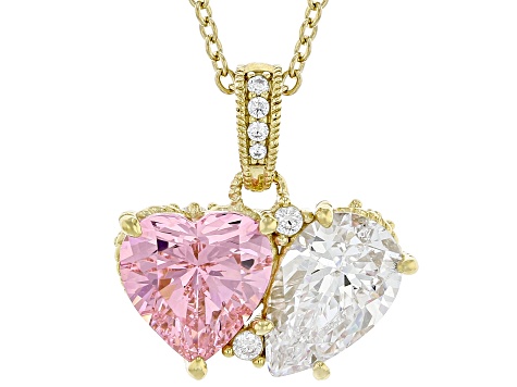 Judith Ripka Pink Cubic Zirconia 14k Yellow Gold Clad Toi et Moi Enhancer Pendant with Chain 4.76ctw