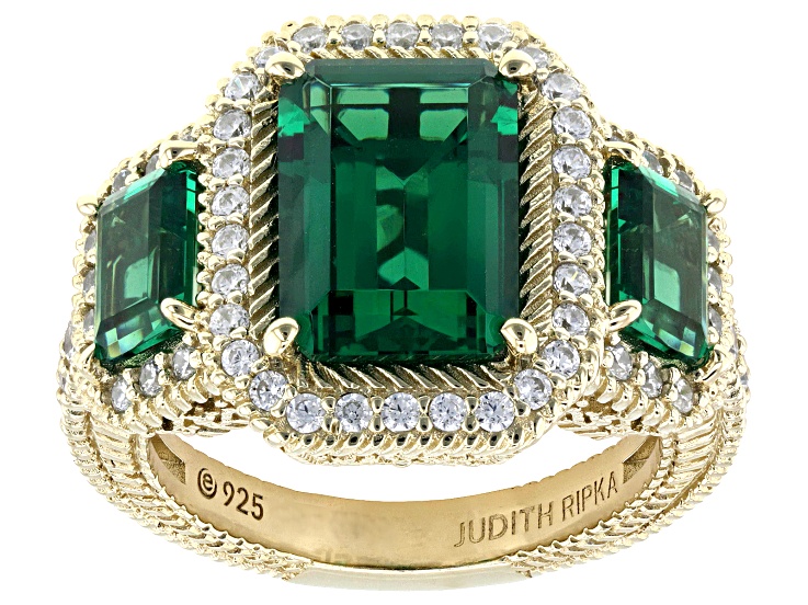 Judith Ripka Emerald Simulant 14k Gold Clad Princess Ring 8.79ctw