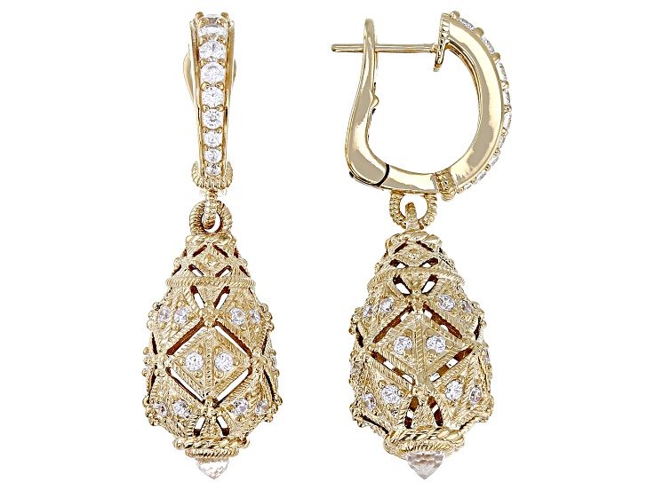 Judith Ripka Cubic Zirconia with Rock Crystal Quartz 14k Gold Clad Estate Egg Earrings 1.58ctw