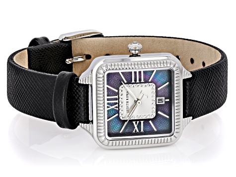 Judith Ripka Mother-Of-Pearl Silver-Tone Black Saffiano Leather Strap Alexandra Watch 0.19ctw