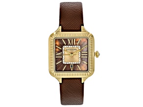 Judith Ripka Mother-Of-Pearl Gold-Tone Brown Saffiano Leather Strap Alexandra Watch 0.19ctw