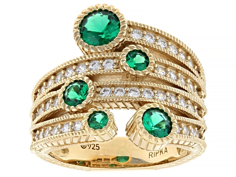 Judith Ripka Green Emerald Simulant 14k Gold Clad Rapture Ring 2.85ctw