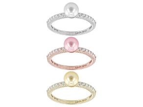 Judith Ripka Multi-Color Pearl Simulant Colette Rhodium & 14k Gold Clad Set of 3 Rings 1.10ctw