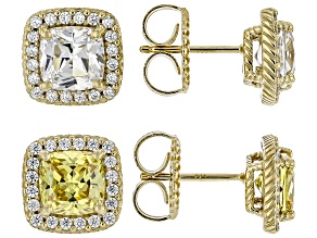 Judith Ripka White and Canary Cubic Zirconia 14k Gold Clad Haute Earring Set 12.33ctw