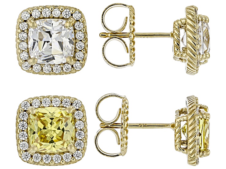 Judith Ripka White and Canary Cubic Zirconia 14k Gold Clad Haute Earring Set 12.33ctw