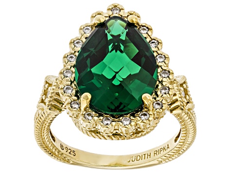 Judith Ripka Green Emerald Simulant 14k Gold Clad Celebration Ring
