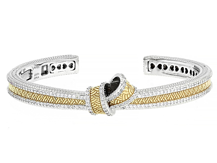 Judith Ripka White Cubic Zirconia Rhodium and 14k Yellow Gold Clad Harmony Two-Tone Bangle 1.99ctw
