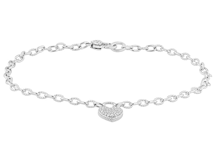 Judith Ripka White Cubic Zirconia Rhodium Over Sterling Silver Haute Heart Locket Anklet 0.53ctw