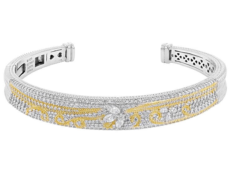 Judith Ripka White Cubic Zirconia Rhodium and 14k Yellow Gold Clad Harmony Bangle 5.23ctw