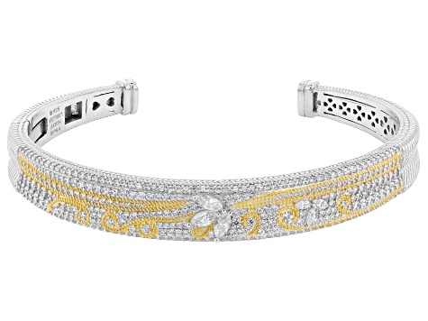 Judith Ripka White Cubic Zirconia Rhodium and 14k Yellow Gold Clad Harmony Bangle 5.23ctw