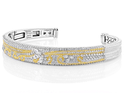 Judith Ripka White Cubic Zirconia Rhodium and 14k Yellow Gold Clad Harmony Bangle 5.23ctw