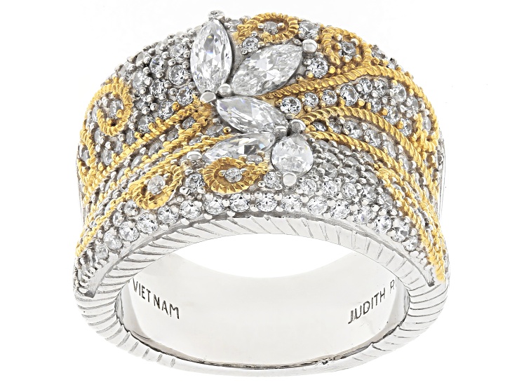 Judith Ripka White Cubic Zirconia Rhodium and 14k Yellow Gold Clad Harmony Wide Band Ring 3.84ctw