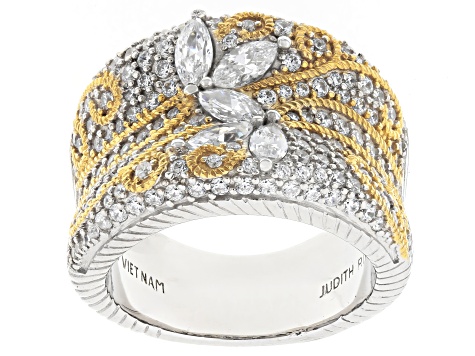 Judith Ripka White Cubic Zirconia Rhodium and 14k Yellow Gold Clad Harmony Wide Band Ring 3.84ctw