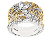 Judith Ripka White Cubic Zirconia Rhodium and 14k Yellow Gold Clad Harmony Wide Band Ring 3.84ctw
