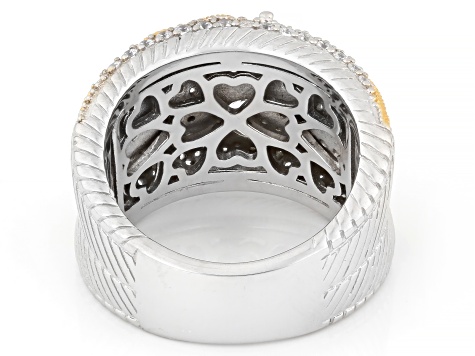 Judith Ripka White Cubic Zirconia Rhodium and 14k Yellow Gold Clad Harmony Wide Band Ring 3.84ctw