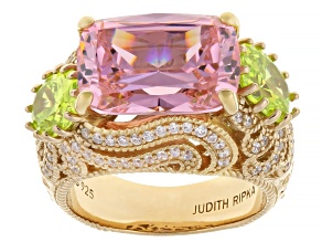 Judith Ripka Pink & Apple Green Cubic Zirconia 14k Gold Clad Printemps Ring 17.46ctw