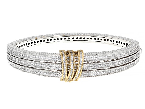 Judith Ripka White Cubic Zirconia Rhodium and 14k Yellow Gold Clad Harmony Wave Bangle 4.05ctw