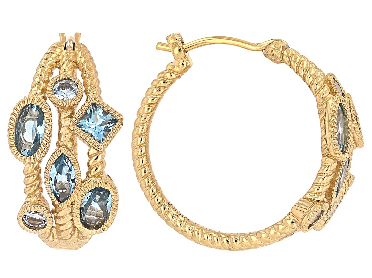 Judith Ripka Blue Lab Created Spinel 14k Gold Clad Hoop Earrings 1.68ctw