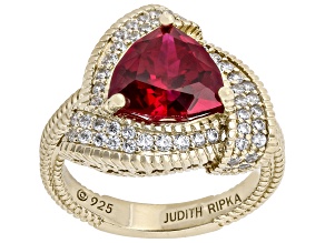 Judith Ripka Trillion Lab Ruby and White Cubic Zirconia 14k Gold Clad Celebration Ring 6.81ctw