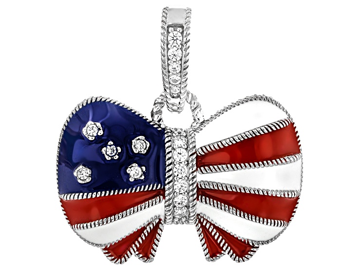 Red, White & Blue Enamel and White Cubic Zirconia Rhodium Over Sterling Silver Enhancer 0.29ctw