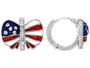Red, White & Blue Enamel and White Cubic Zirconia Rhodium Over Sterling Silver Earrings 0.28ctw