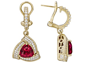 Judith Ripka Trillion Lab Ruby and White Cubic Zirconia 14k Gold Clad Celebration Earrings 6.95ctw