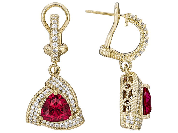 Judith Ripka Trillion Lab Ruby and White Cubic Zirconia 14k Gold Clad Celebration Earrings 6.95ctw