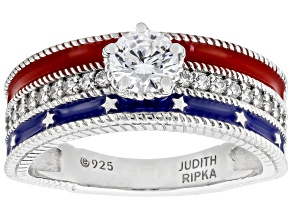 Judith Ripka White Cubic Zirconia and Red & Blue Enamel Rhodium Over Sterling Silver Ring 1.02ctw
