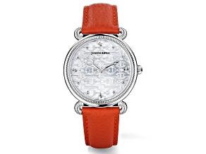 Judith Ripka Couture Vienna White Diamond Accent With Orange Leather Strap Watch 0.03ctw