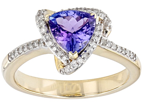 Blue Trillion Tanzanite With Round White Diamond 10K Yellow Gold Ring 1.24ctw