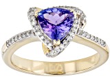 Blue Trillion Tanzanite With Round White Diamond 10K Yellow Gold Ring 1.24ctw