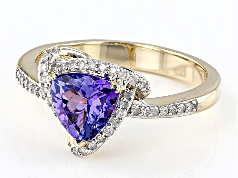 Blue Trillion Tanzanite With Round White Diamond 10K Yellow Gold Ring 1.24ctw