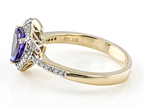 Blue Trillion Tanzanite With Round White Diamond 10K Yellow Gold Ring 1.24ctw