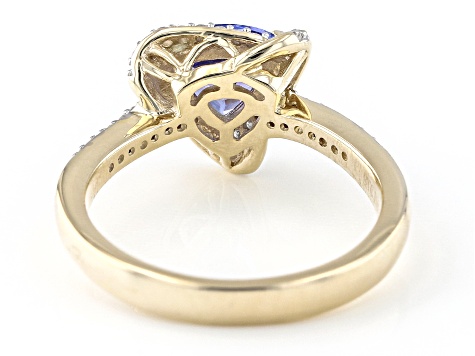 Blue Trillion Tanzanite With Round White Diamond 10K Yellow Gold Ring 1.24ctw