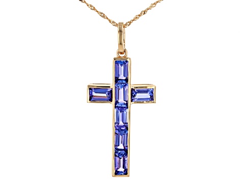 Blue Tanzanite 10K Yellow Gold Cross Pendant With Chain 3.86ct