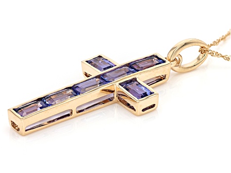 Blue Tanzanite 10K Yellow Gold Cross Pendant With Chain 3.86ct