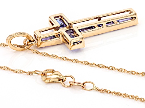 Blue Tanzanite 10K Yellow Gold Cross Pendant With Chain 3.86ct