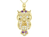 Multi Stone Multi Color 10K Yellow Gold Owl Pendant With Chain 0.29ctw